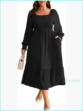 Plus Size Long Sleeve Maxi Dress with Pockets Smocked Boho Flowy A-Line